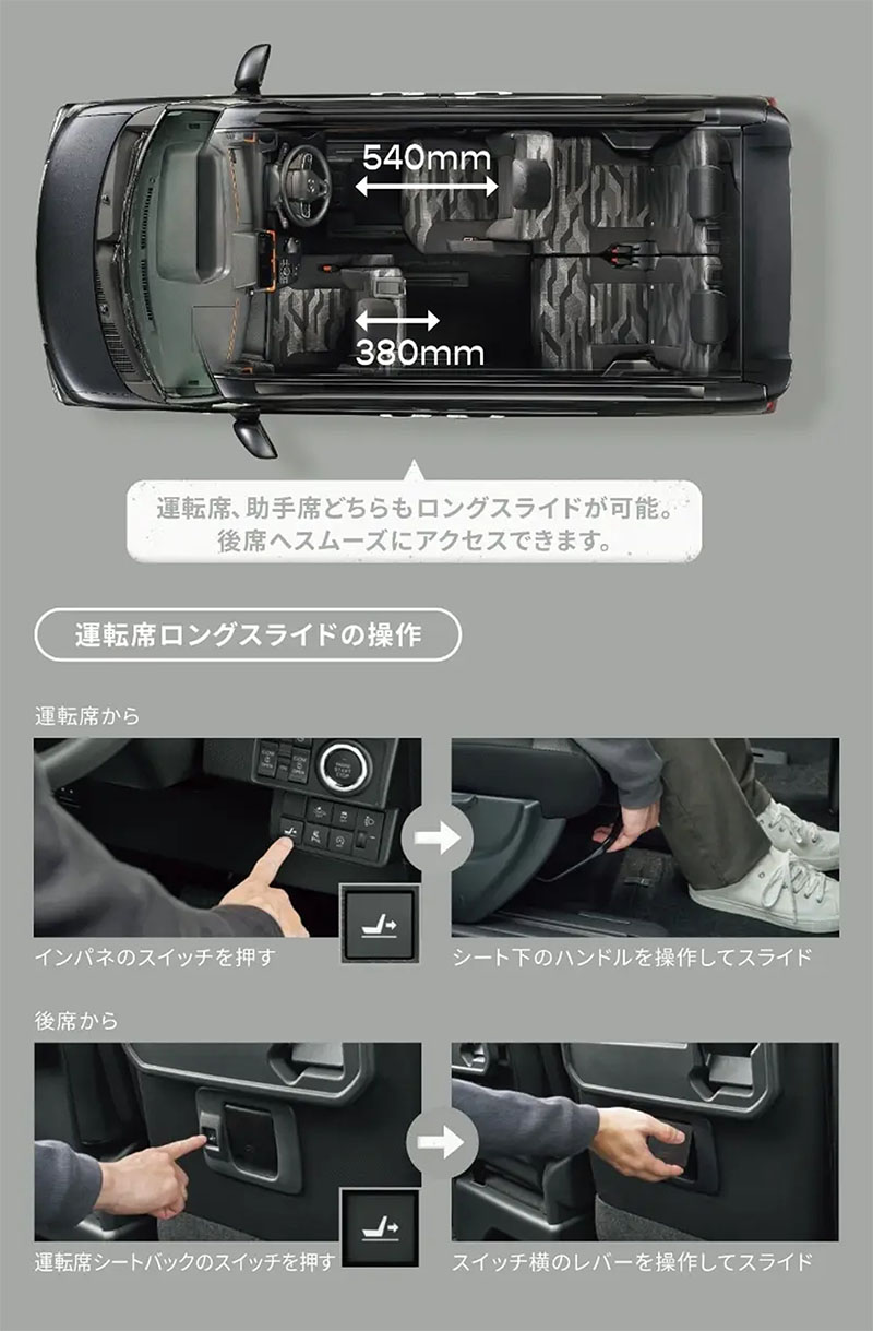 運転席ロングスライドシート（540mm/シートバックレバー付）／助手席ロングスライド（380mm）：運転席
						助手席いずれともロングスライドが可能。後席にスムーズにアクセスできます。